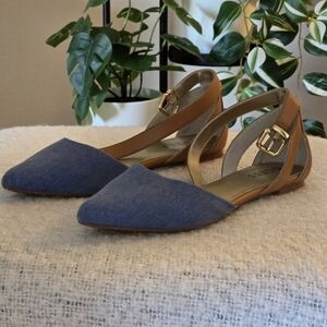 Guess denim and faux leather pointed toe ,ankle strap size 7.5